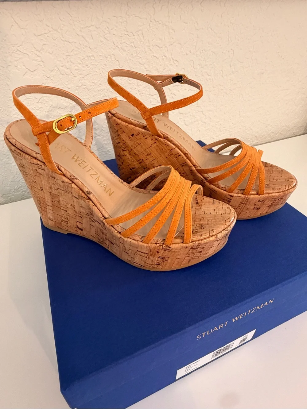 Stuart Weitzman Soiree Orange Suede Cork Wedge Sandals